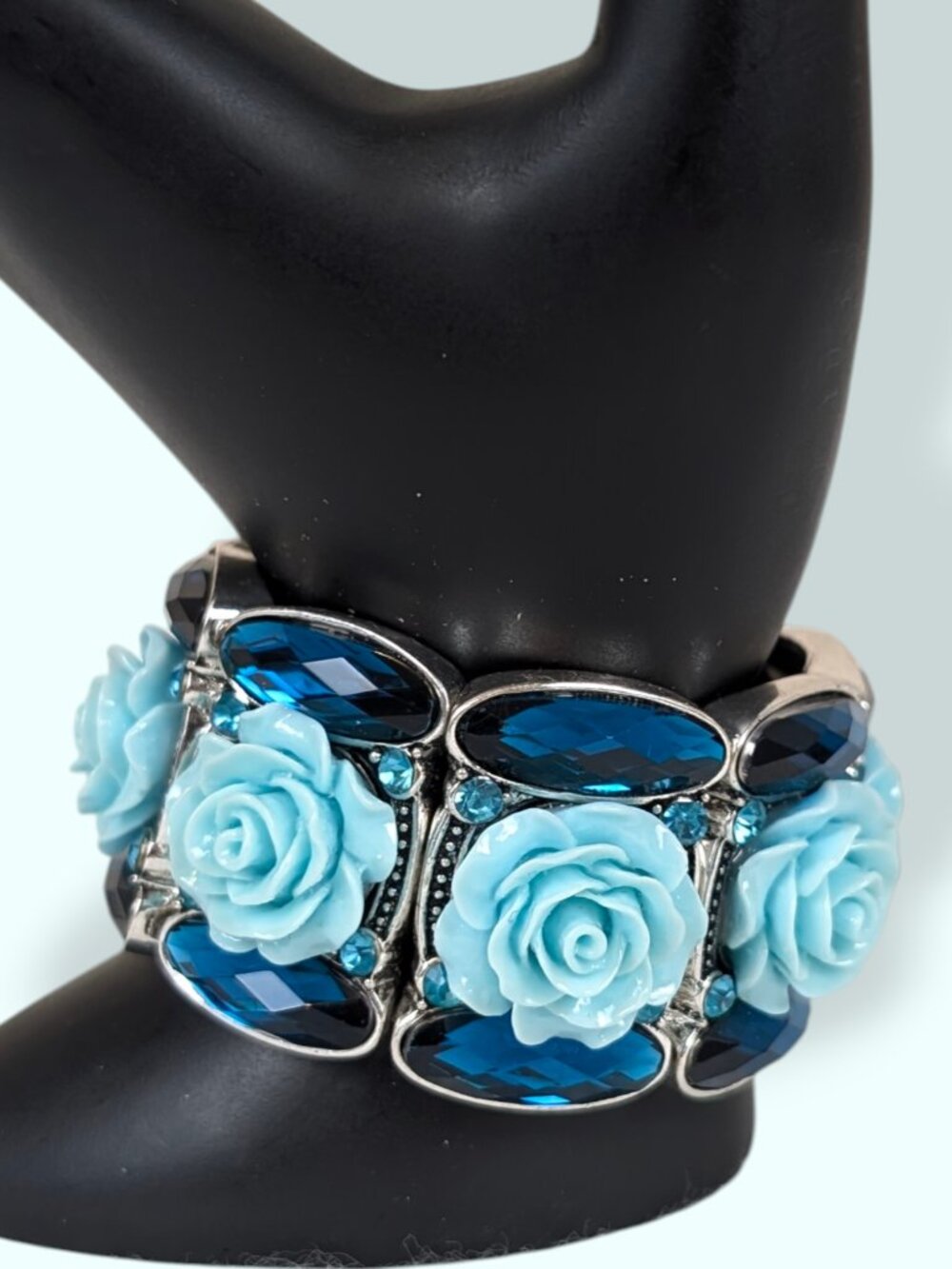 Blue Floral Rhinestone Stretch Bracelet - Picture 2 of 4